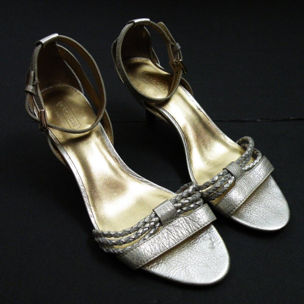 COACH-IEESHA Gold Leather Strappy Kitten Heel Sandals Open Toe 10